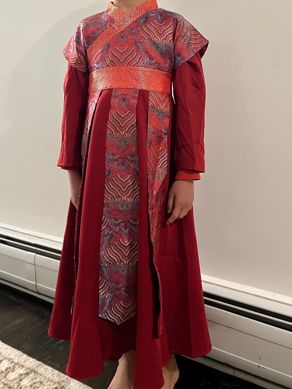 Girls' Red Patterned Chinese-Style Dress